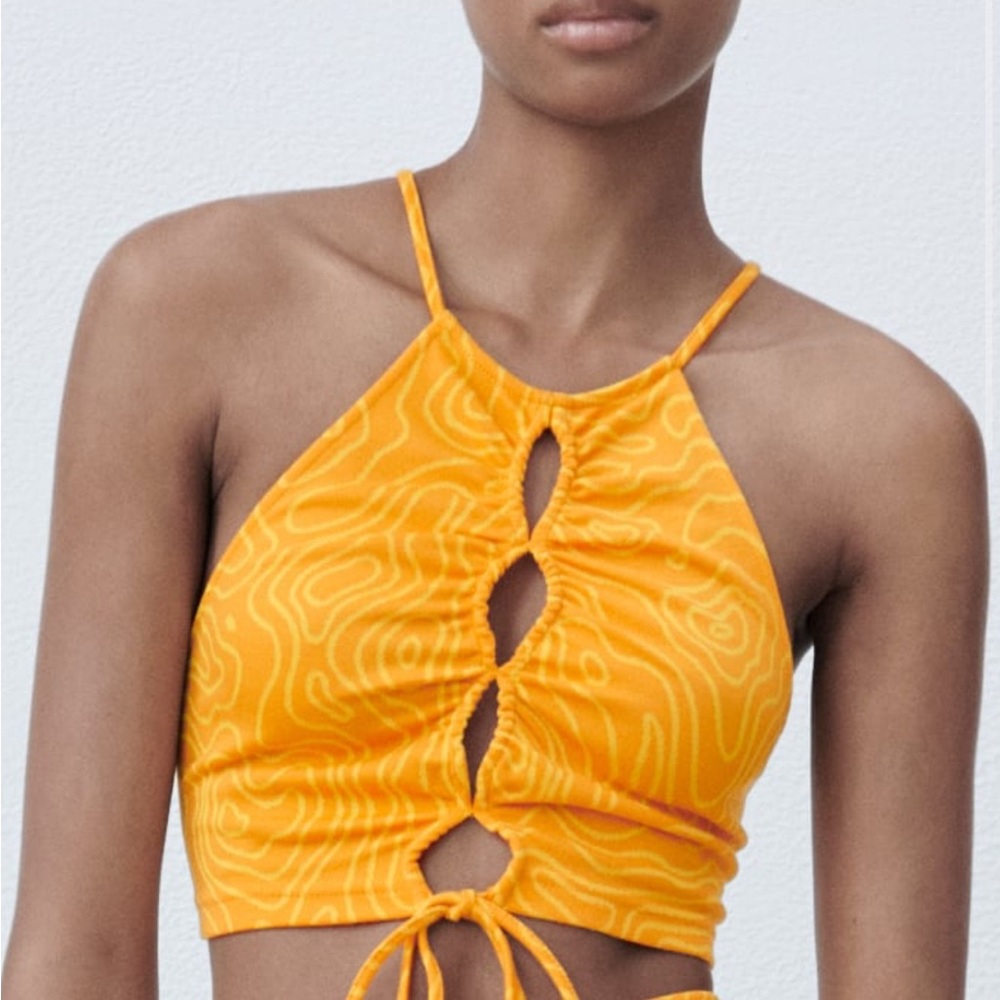 Orange tie cropped halter top